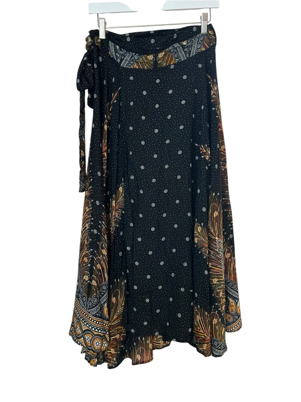 Gypsy Rose Vtg 90s Black Peacock Paisley Rayon Wrap Midi Skirt OS Boho Hippie